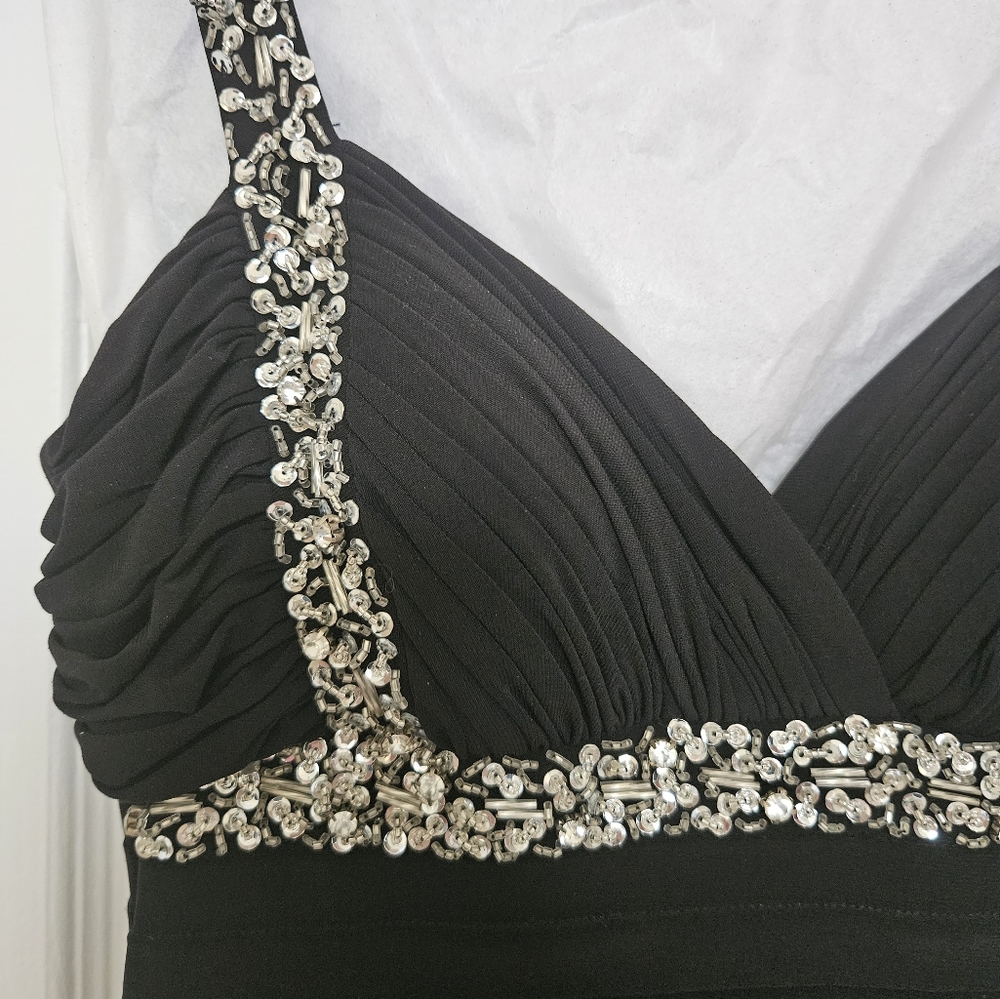 Betsy and Adam dress black sequin strappy formal cut out draping back
